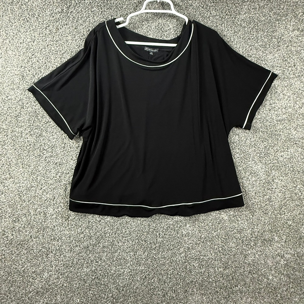 Adrianna Papell Womens 2X Black Knit Top White Piping Short Sleeve Blouse